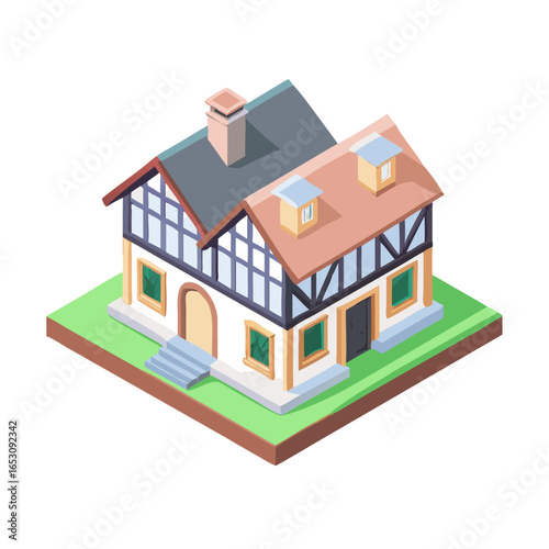 Fantasy medieval house or cozy home on a green lawn, isometric style icon. Village building for game, real estate, mobile app. Vector illustration