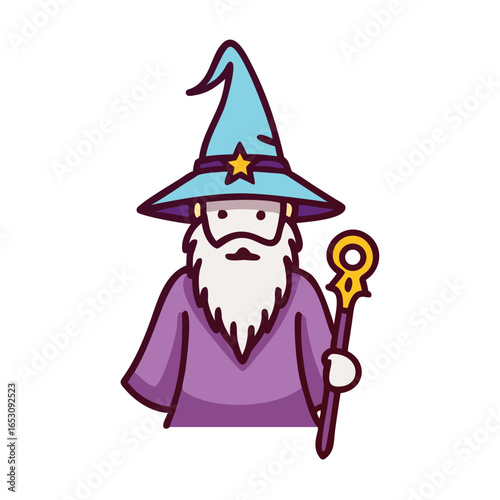Old man wizard with long beard and magic staff in fantasy roleplay game concept. Cartoon style vector icon for game or mobile app