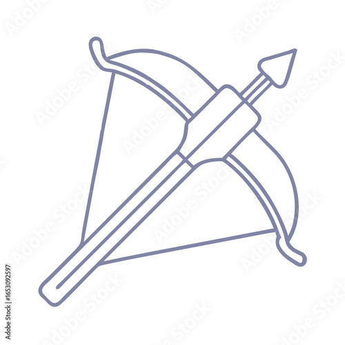Сrossbow with arrow in outline style as a fantasy weapon. Vector icon for game or mobile app design with simple graphic in violet monochrome