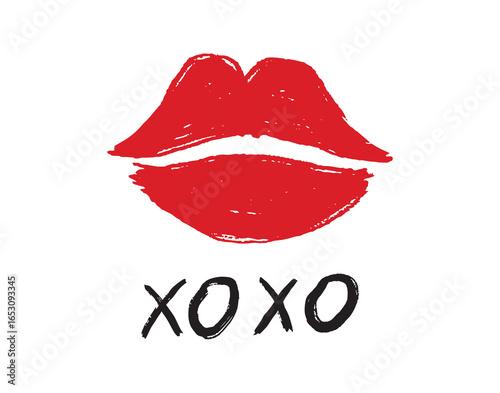pink red lipstick kiss symbol, hugs and kisses text xoxo. lips xo xo doodle hand drawn icon. Drawing line clipart symbol
