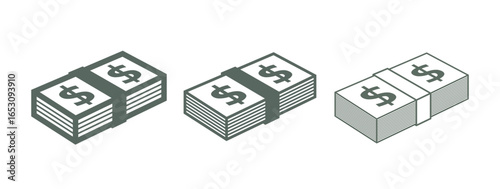 Icon of a stack of money (US Dollar). Attribute of trade or income, bank or wealth. Symbol of cash or salary, finance or currency. Banknote of US currency.