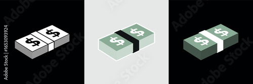 Icon of a stack of money (US Dollar). Attribute of trade or income, bank or wealth. Symbol of cash or salary, finance or currency. Banknote of US currency.