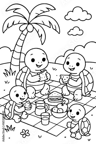 A group of cute turtles enjoying a fun outdoor picnic under a palm tree, a coloring page.
