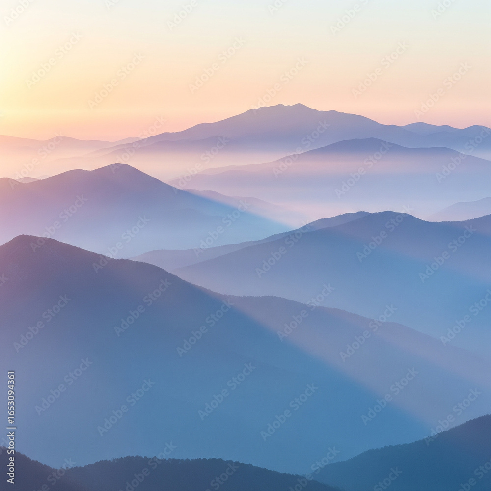 Obraz premium Misty mountain range at sunrise with soft pastel colors and atmospheric light rays.