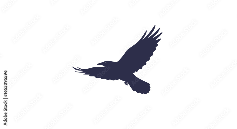 Dark raven silhouette in flight, a minimalist graphic illustration of a majestic corvid bird soaring freely on a white background.