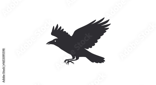 Minimalist black crow silhouette in mid-flight, a striking vector graphic illustration of a raven for dark, gothic, or mystic themes.