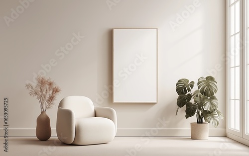 Minimalist interior with beige chair and indoor plants in a bright living space