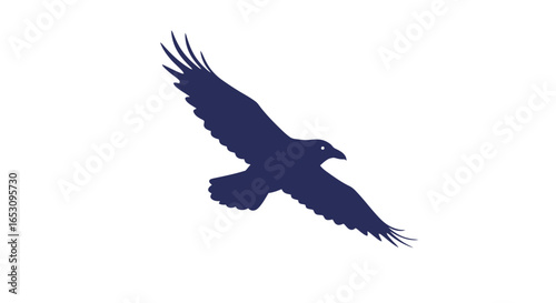 Silhouette of a dark blue raven flying against a stark white background, symbolizing freedom and flight.