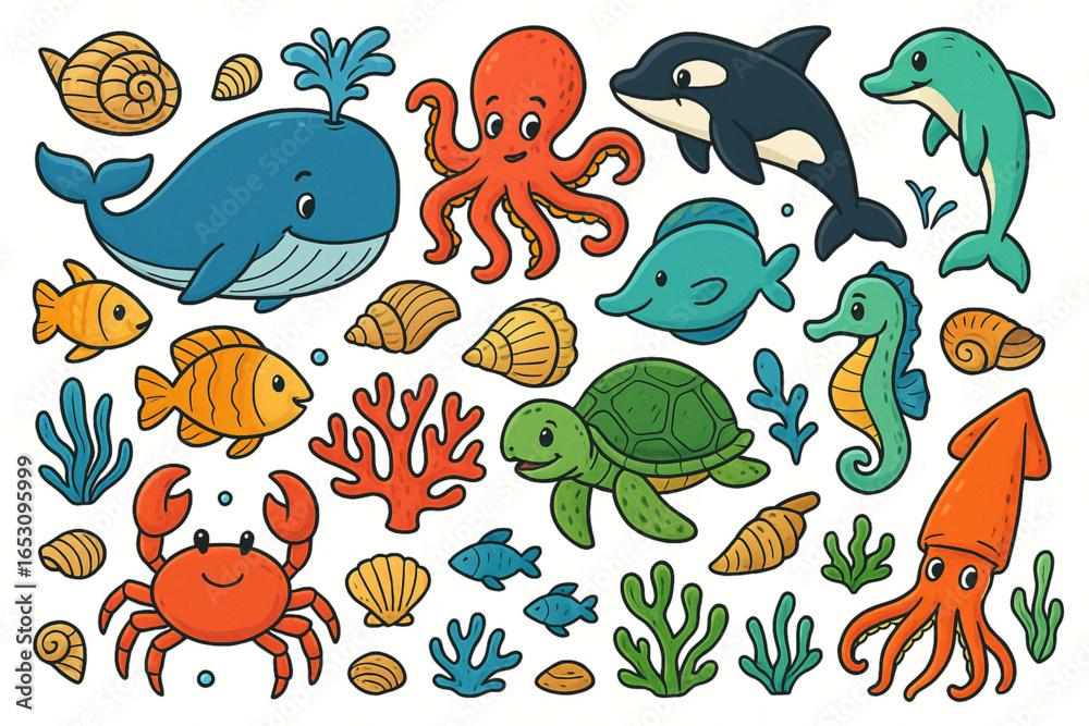 Fototapeta premium Hand-Drawn Sea Animals Vector Set with Whale, Octopus, Crab, Seahorse, Dolphin, Turtle, Squid, and Coral