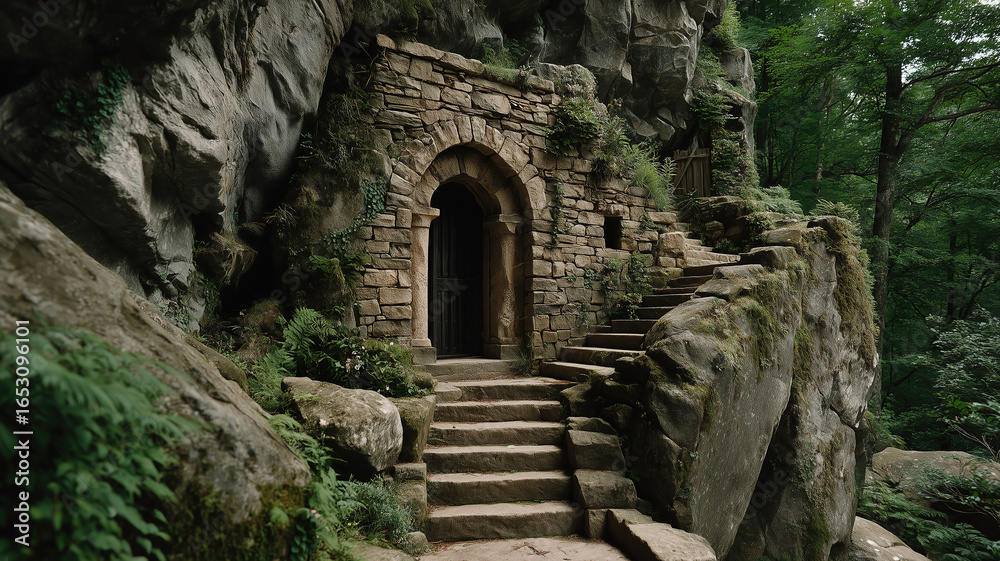Naklejka premium Enchanted forest landscape featuring ancient stone structure and winding steps