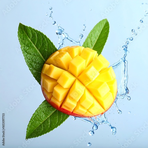 Diced mango in water splash, vibrant yellow, green leaves
