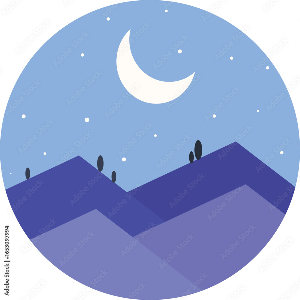 Naklejka premium Night Mountain Landscape Flat Vector Illustration Blue Purple Peaks Crescent Moon Starry Sky Serene Minimal Nature Scene Circular Design