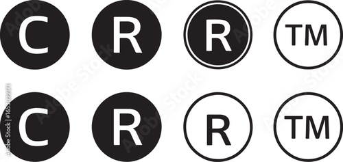 Copyright Trademark and Registered Symbol Icons vector, copyright, trademark, registered, symbol, icon, c, r, tm, legal, intellectual property, protection, brand, logo, business, commerce, rights, own