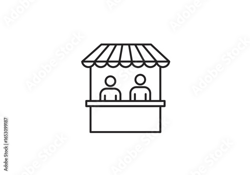 Market Stall Icon with Shopkeeper | Small Business Storefront Symbol | Vendor Booth Outline | Street Market, Retail Shop, Local Commerce Vector
