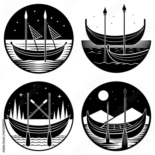 Four circular emblems featuring viking ships with spears, oars, and sails in a black and white style