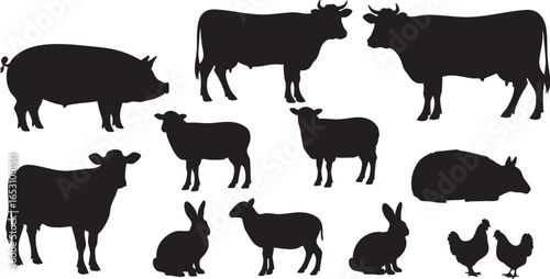 Farm animal silhouettes including cow pig sheep and chicken, farm, animal, silhouette, cow, pig, sheep, chicken, agriculture, rural, countryside, livestock, barn, pasture, nature, wildlife, black, out