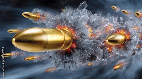 Dynamic Scene of Golden Bullets Shattering Frosted Glass with Explosive Shards