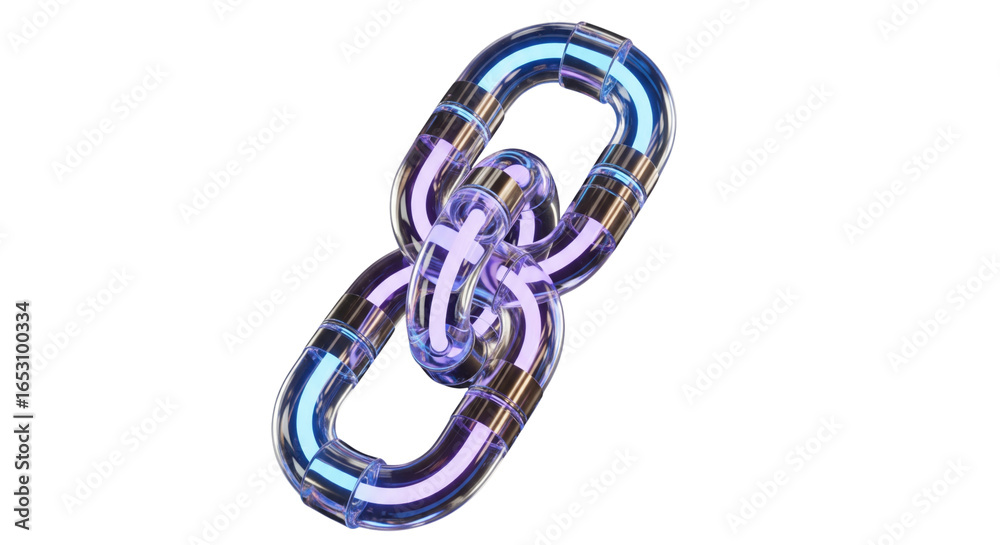 Naklejka premium Chain Link Symbolizing Connection: A vibrant, futuristic chain link, radiating a captivating blue glow, symbolizing unity and interlinkage against an isolated background.