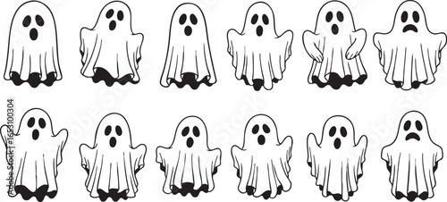 Ghost Faces with Different Expressions Halloween Icons, ghost, halloween, spooky, scary, cute, cartoon, illustration, drawing, design, graphic, icon, symbol, character, face, expression, emotion, happ