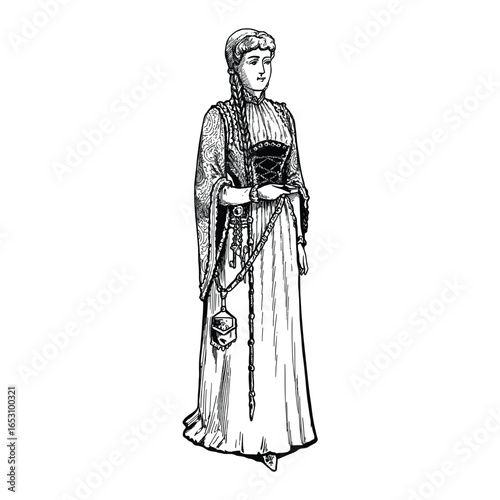 Medieval Woman Hand Drawn Illustration in Engraving Style
