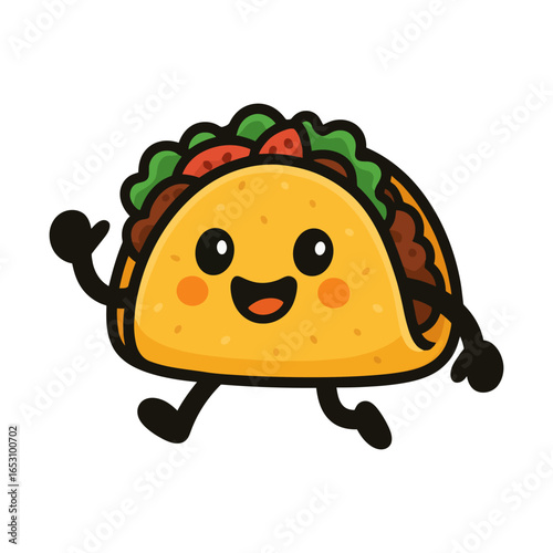 A cartoon taco is waving and smiling. The taco is made of food and has a happy expression