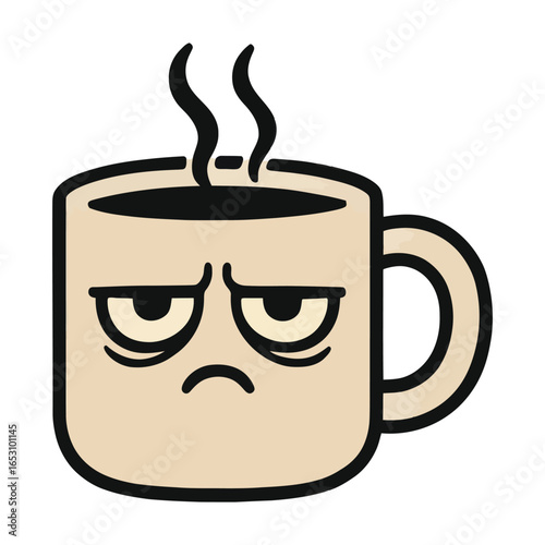 A cartoon coffee mug with steam coming out of it. The coffee mug is frowning and has a sad expression