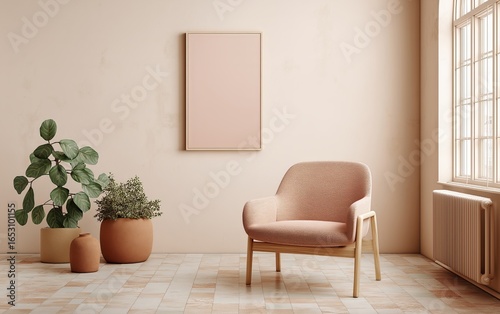 Cozy living room with modern chair and indoor plants in warm neutral tones