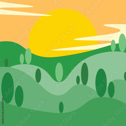 Abstract minimalist landscape illustration featuring green rolling hills and oval trees under a warm yellow sun and orange sky tranquil nature vector art flat design