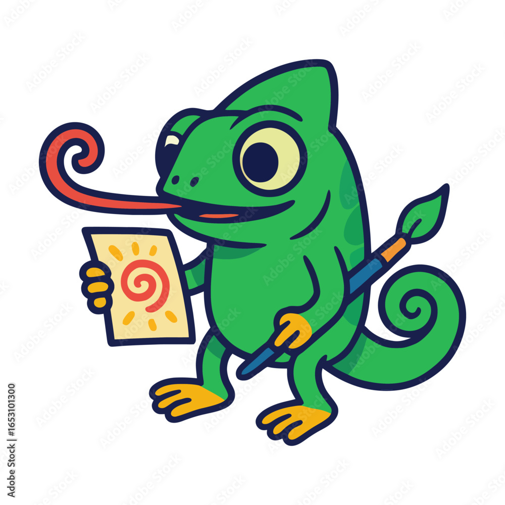 Obraz premium A green lizard is holding a piece of paper and a paintbrush. The lizard is smiling and he is enjoying the act of painting