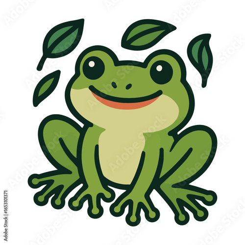 A frog is sitting on a leaf and smiling. The frog is green and has a happy expression