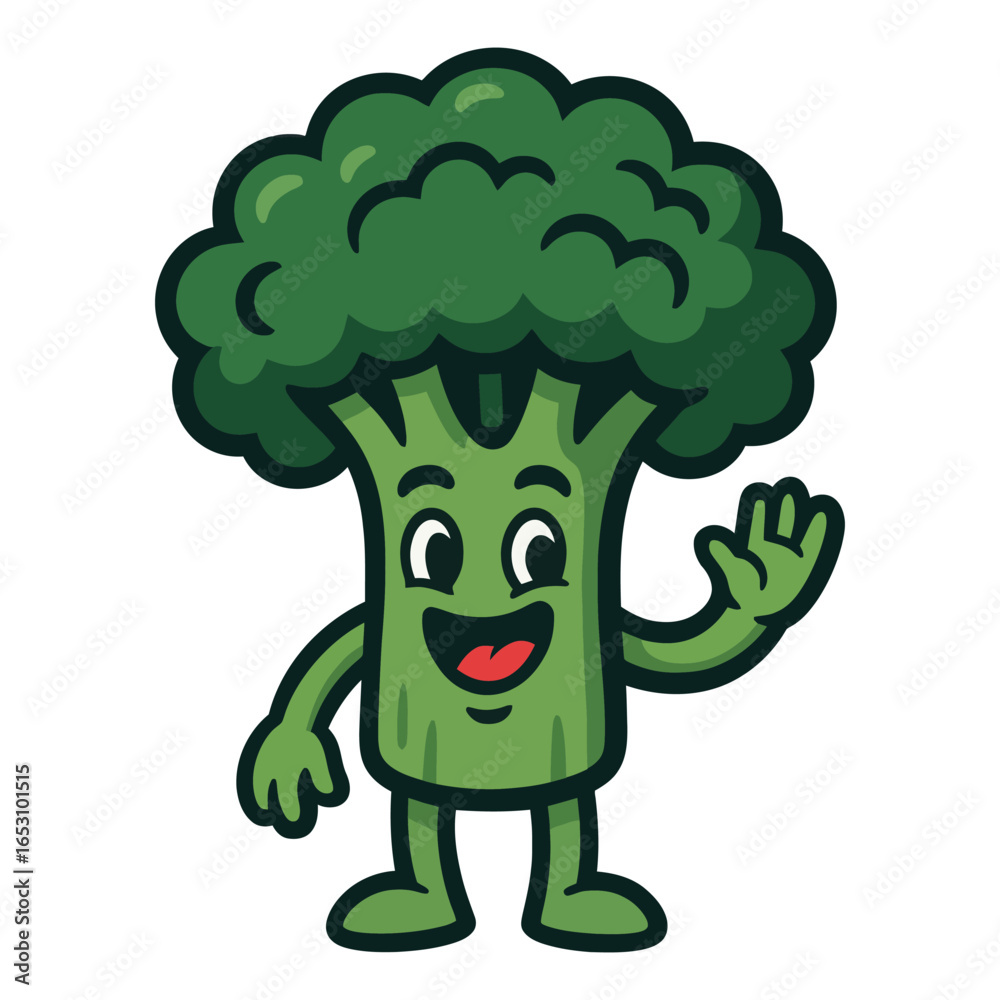 Fototapeta premium A cartoon broccoli is waving at the camera. The broccoli is smiling and has a happy expression. The image is bright and cheerful