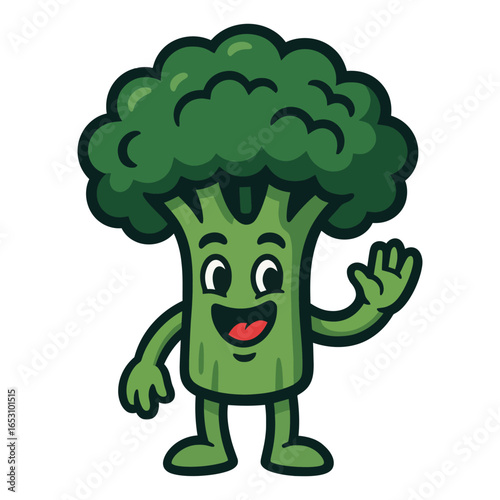 A cartoon broccoli is waving at the camera. The broccoli is smiling and has a happy expression. The image is bright and cheerful