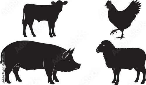 Silhouettes of farm animals livestock calf, farm, animals, livestock, cow, calf, chicken, hen, pig, hog, sheep, lamb, silhouette, black, white, background, illustration, graphic, design, vector, mamma