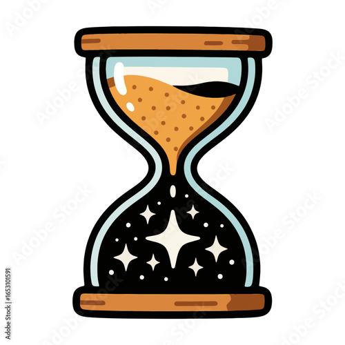 A whimsical drawing of a sand timer with a star on it. The sand timer is empty, and the star is scattered around the sand, giving it a playful
