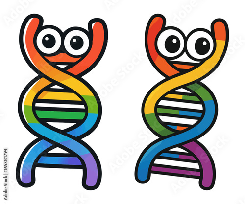 Two cartoon faces with rainbow colored hair and eyes. One is smiling and the other is frowning