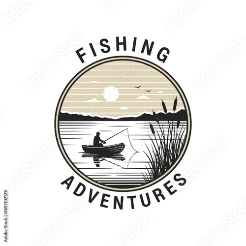 Fisherman casts his line from a small boat on a calm lake at sunset, surrounded by reeds and distant mountains, capturing a peaceful outdoor scene.