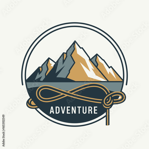 Mountains rise majestically above a calm lake, framed by a rope knot, symbolizing adventure and the spirit of exploration in a minimalist style.