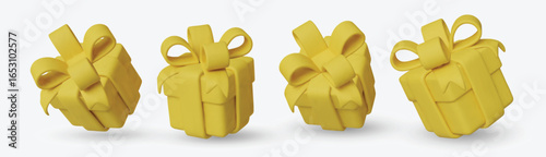 Set yellow gift boxes with shiny red ribbons and bows.