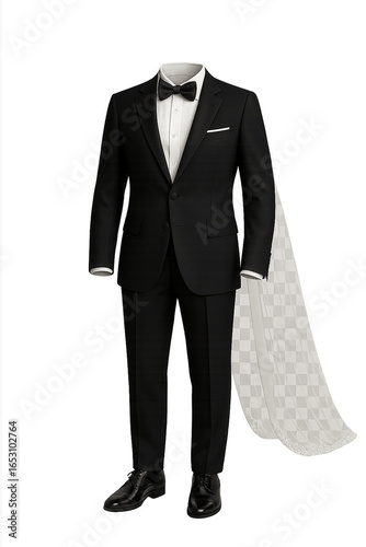 Elegant Black Tuxedo with Bow Tie and White Pocket Square for Men's Formal Wear