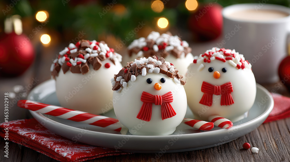 Fototapeta premium A plate of festive Christmas treats featuring snowman-shaped cake pops and decorated white chocolate truffles. A warm beverage and candy canes are nearby.