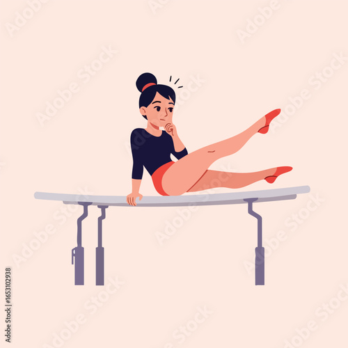 Young female gymnast in a leotard sits thoughtfully on a balance beam.