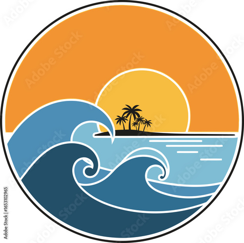 Ocean waves crashing near tropical island during sunset creating serene and peaceful scene with warm colors evoking relaxation and vacation vibes.