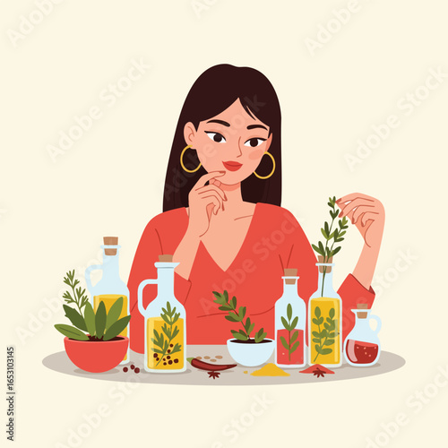 A woman thoughtfully creating homemade herbal infused oils with various fresh plants, spices, and natural ingredients.