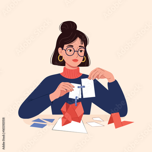 A creative young woman with glasses sitting at a desk, carefully assembling a red origami heart sculpture.