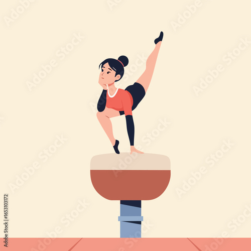 A thoughtful young female gymnast in a graceful pose, balancing on a pommel horse during practice.