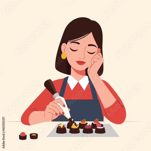 A skilled female confectioner in an apron meticulously decorates gourmet chocolates with a piping bag.