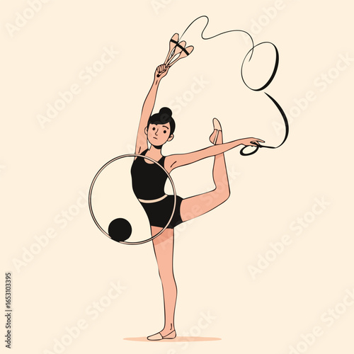 Illustration of a graceful rhythmic gymnast in a black leotard performing a routine with a hoop and a ribbon.