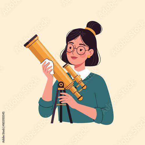An illustrated portrait of a young woman with glasses cleaning a golden telescope with a white cloth.