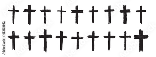 hand drawn grunge cross black bold icons set. Christian cross signs collection, cross symbols created with real ink brush isolated on white background.