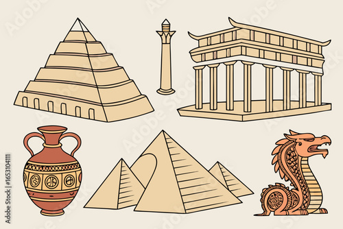 Collection of ancient egyptian and greek architectural landmarks and mythology